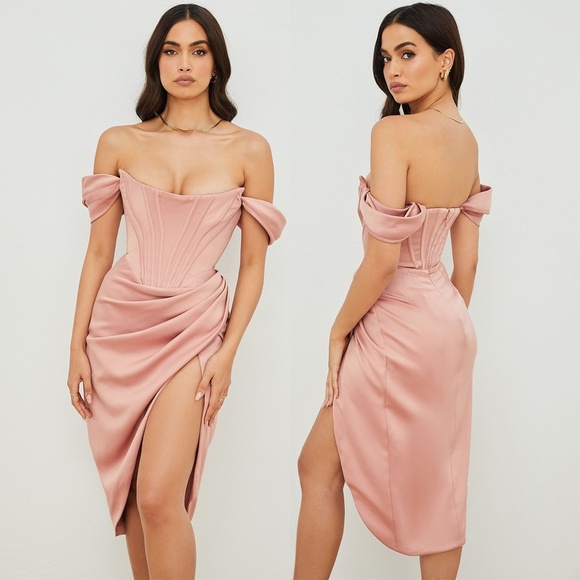 HOUSE OF CB | Luxury 'LORETTA' Satin Off Shoulder Dress in Blush Pink | Size XS - Picture 2 of 16